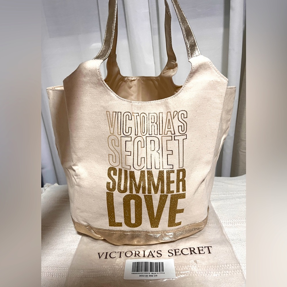 Victoria’s Secret Summer Love Lined Tote Bag - Beige Tan/Gold - 20”W x 13”H